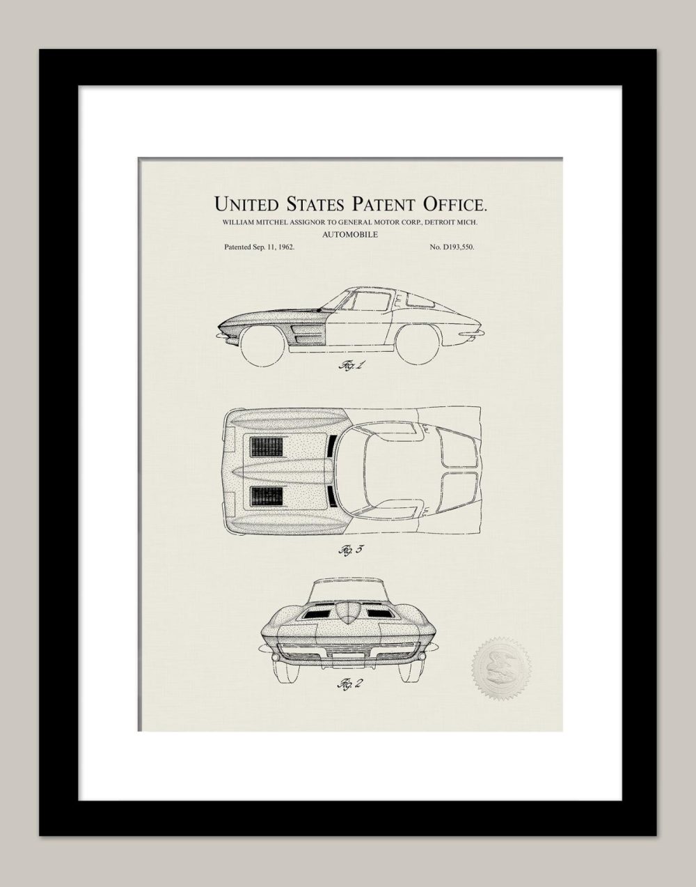 Automobiles | Corvette Stingray | 1962 Gm Patent Automobiles Antique