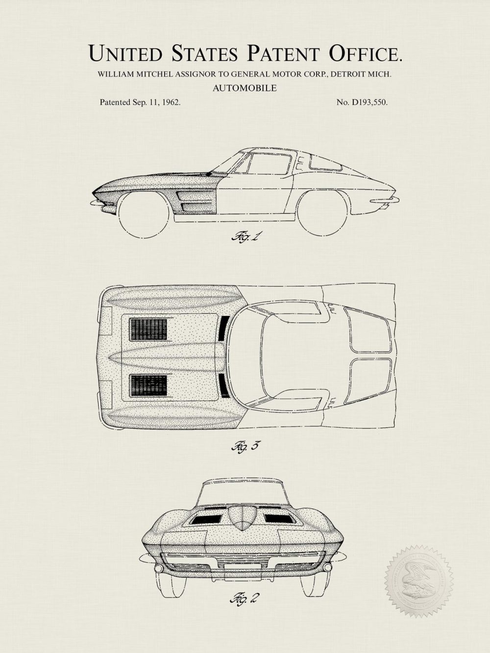 Automobiles | Corvette Stingray | 1962 Gm Patent Automobiles Antique