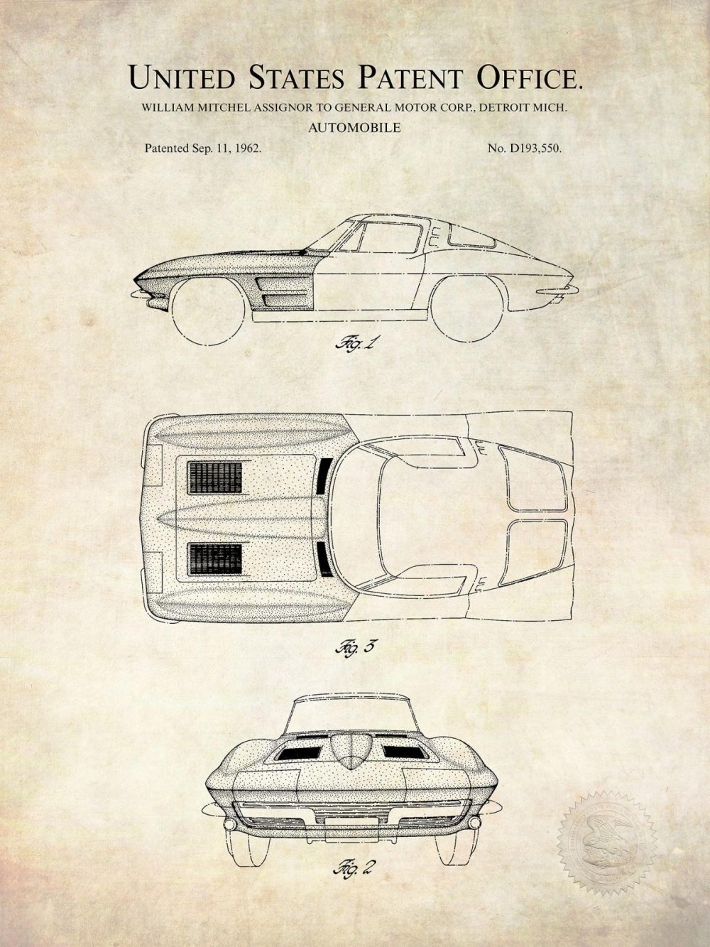 Automobiles | Corvette Stingray | 1962 Gm Patent Automobiles Antique