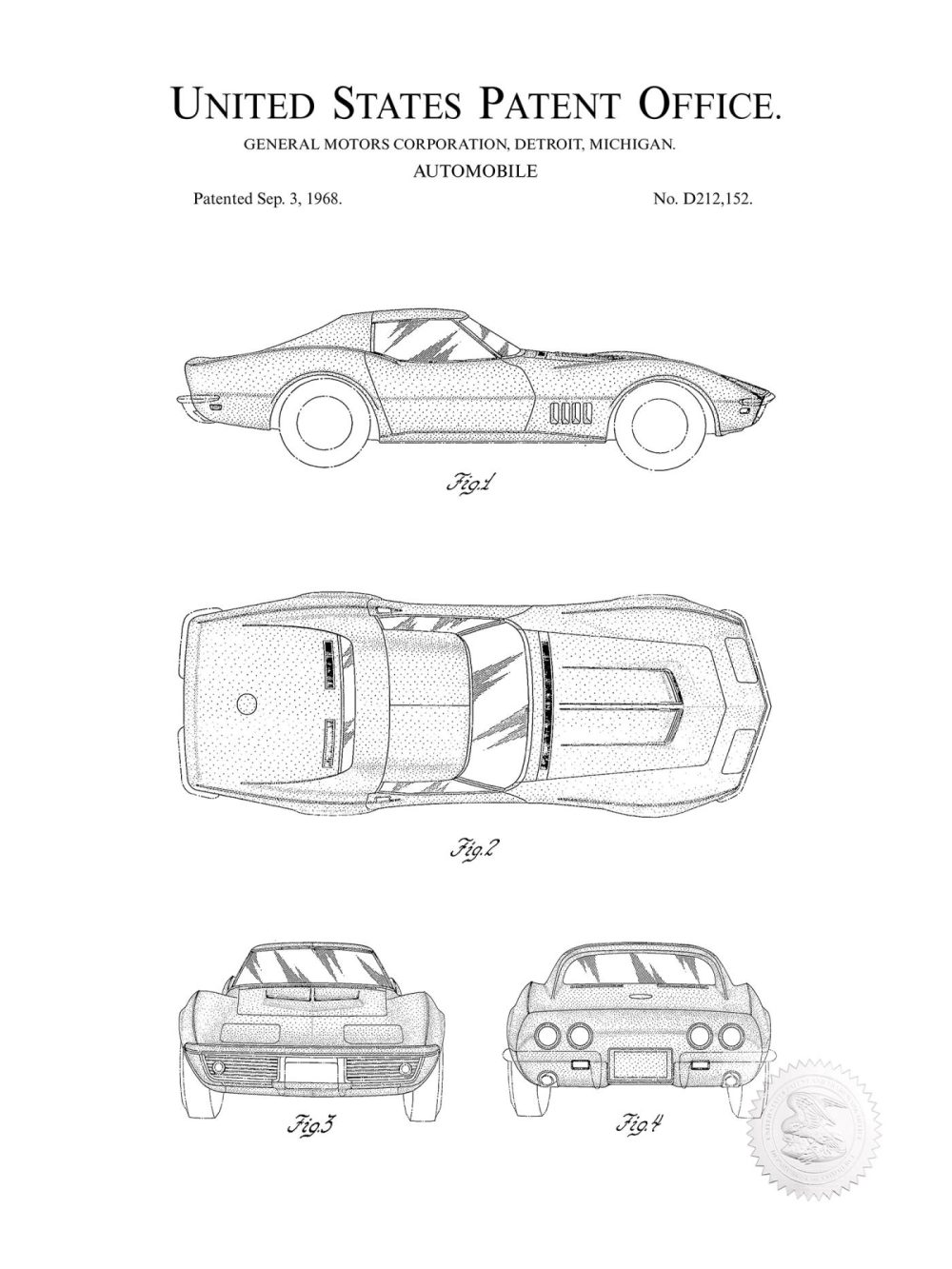 Automobiles | Corvette Stingray | 1968 Gm Patent Automobiles Antique