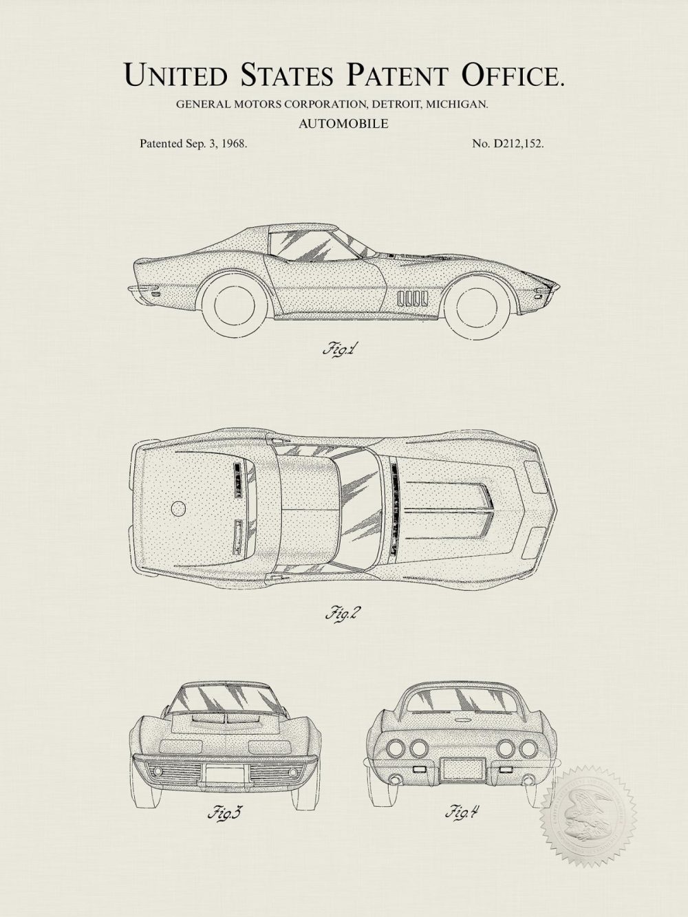 Automobiles | Corvette Stingray | 1968 Gm Patent Automobiles Antique