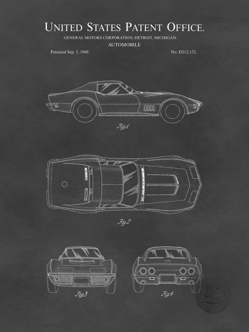 Automobiles | Corvette Stingray | 1968 Gm Patent Automobiles Antique