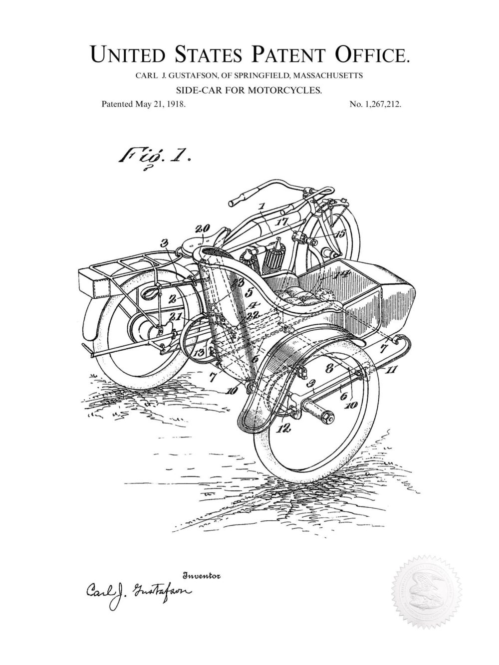 Automobiles | Vintage Motorcycle Side Car | 1918 Patent Automobiles Antique