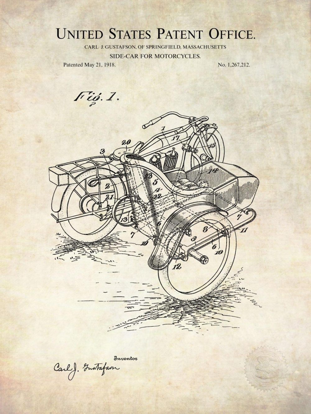 Automobiles | Vintage Motorcycle Side Car | 1918 Patent Automobiles Antique