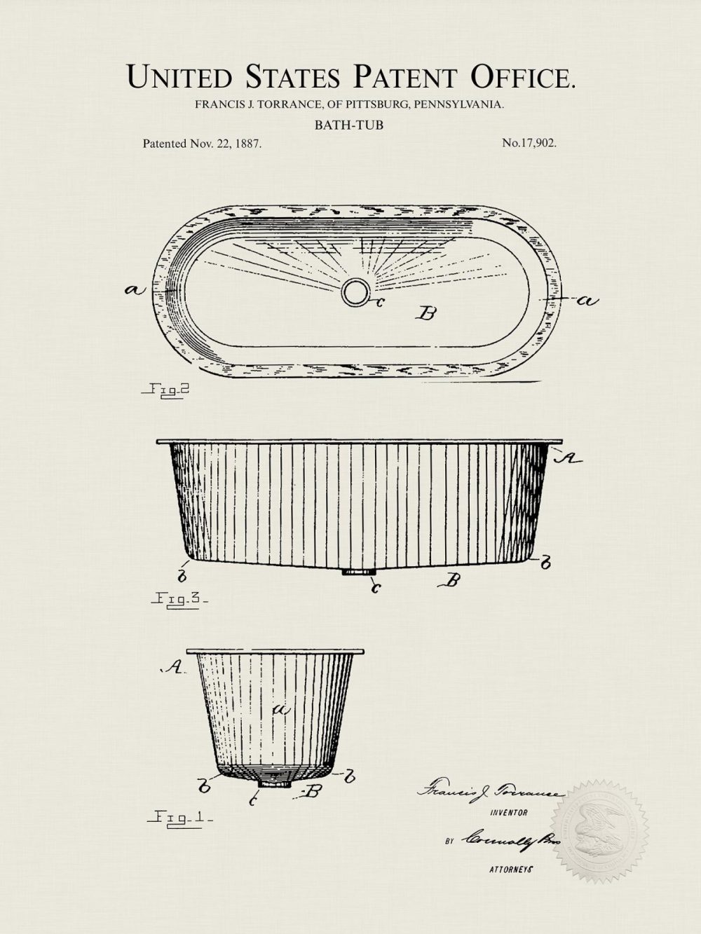 Bathroom / Laundry | Classic Bathtub Design | 1887 Patent Bathroom / Laundry Antique