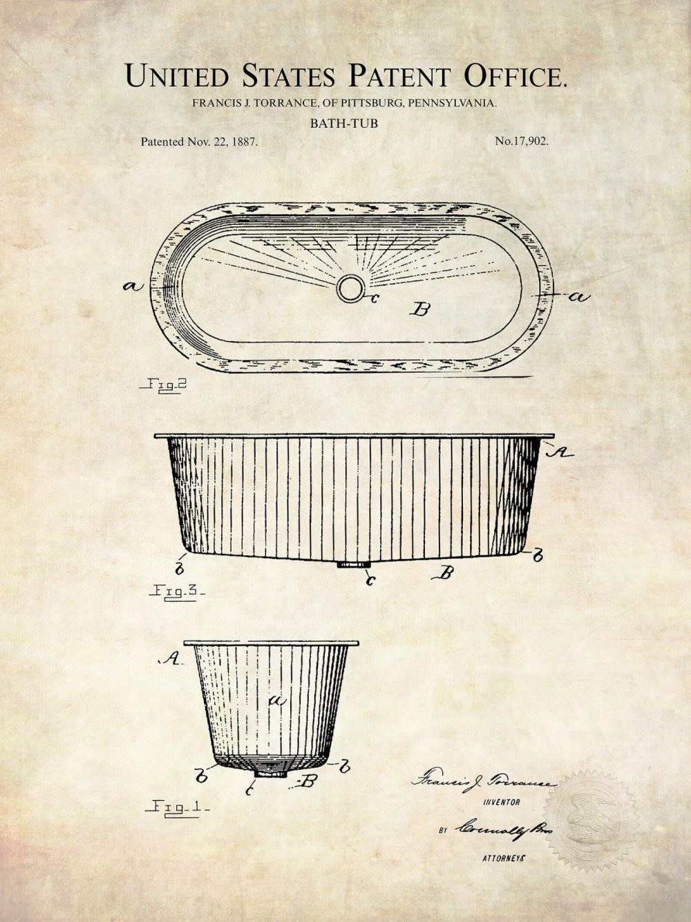 Bathroom / Laundry | Classic Bathtub Design | 1887 Patent Bathroom / Laundry Antique