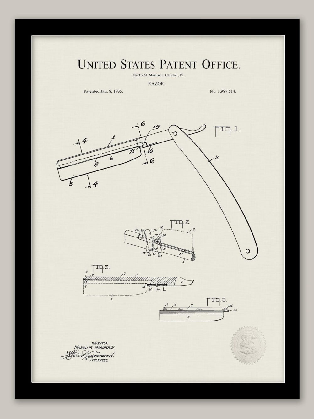 Bathroom / Laundry | Razor Invention | 1935 Patent Bathroom / Laundry Antique