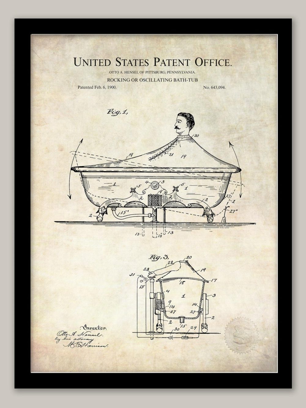 Bathroom / Laundry | Rocking Bathtub | 1900 Patent Print Bathroom / Laundry Antique