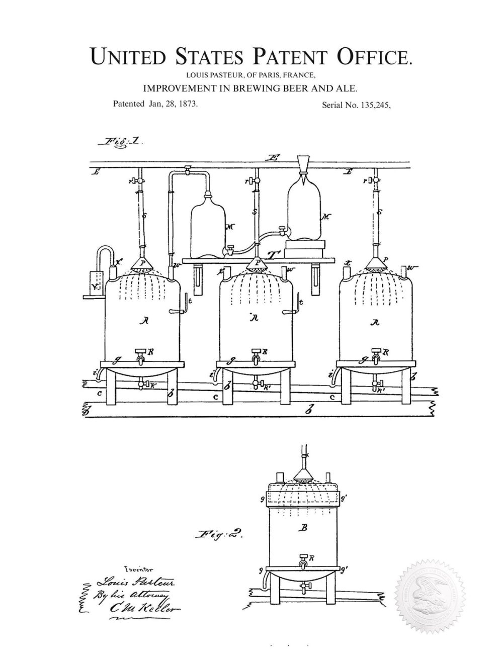 Beer / Whiskey / Wine | 1873 Louis Pasteur Beer Brewing Patent Beer / Whiskey / Wine Antique