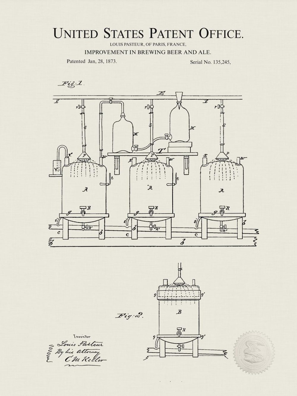 Beer / Whiskey / Wine | 1873 Louis Pasteur Beer Brewing Patent Beer / Whiskey / Wine Antique