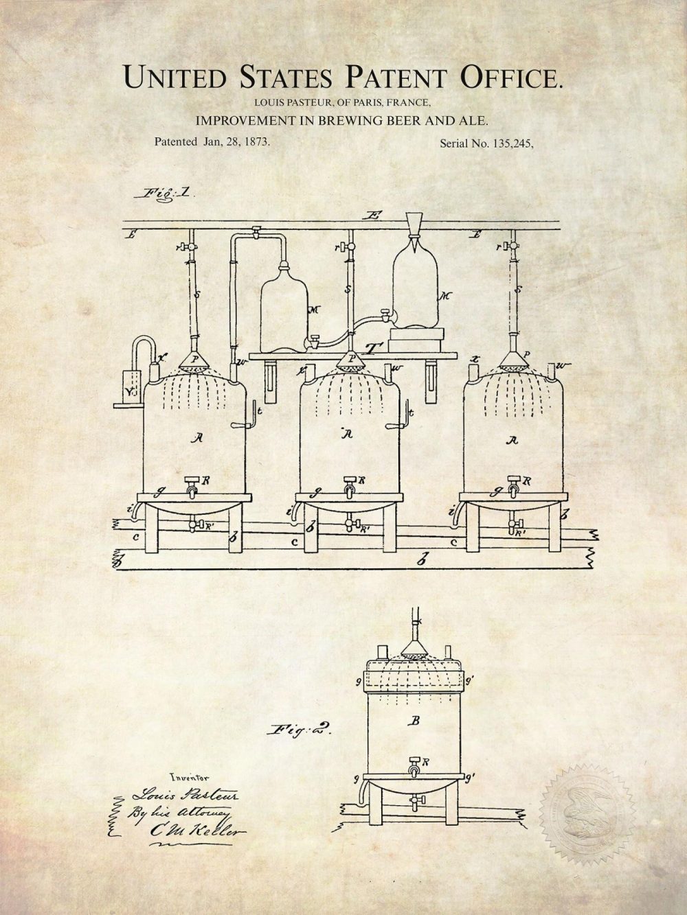 Beer / Whiskey / Wine | 1873 Louis Pasteur Beer Brewing Patent Beer / Whiskey / Wine Antique