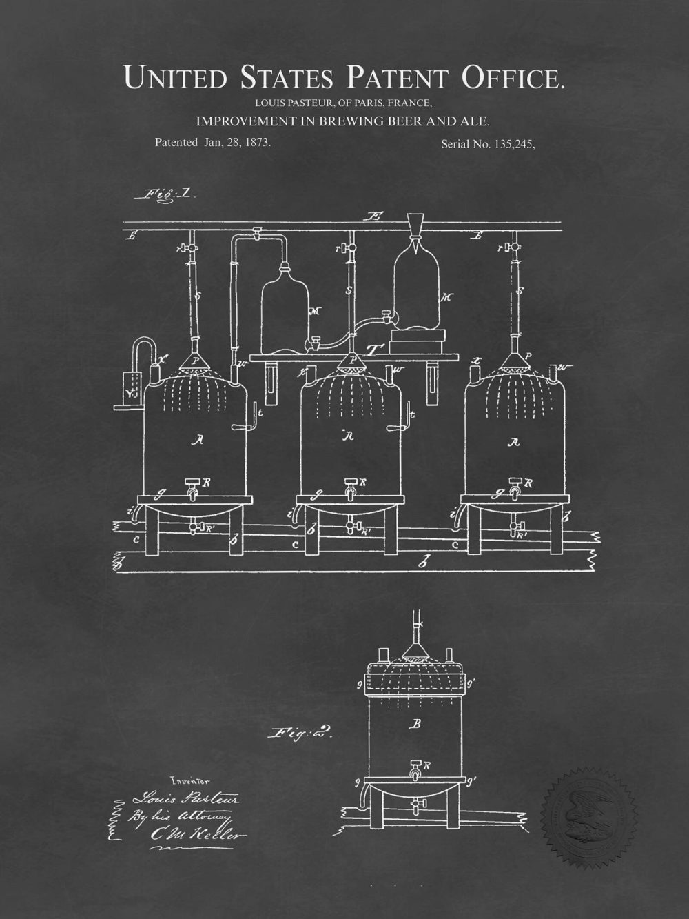 Beer / Whiskey / Wine | 1873 Louis Pasteur Beer Brewing Patent Beer / Whiskey / Wine Antique