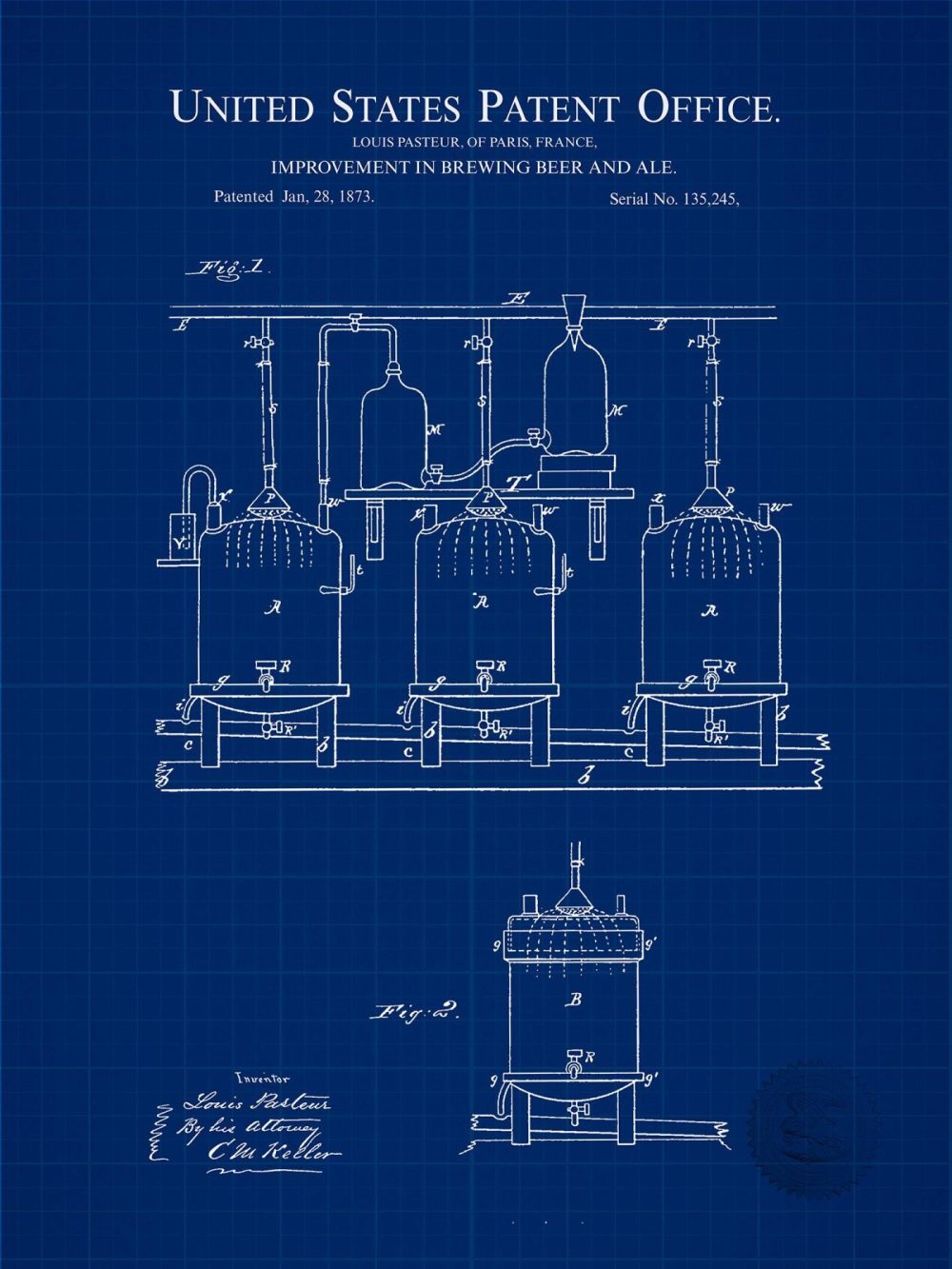 Beer / Whiskey / Wine | 1873 Louis Pasteur Beer Brewing Patent Beer / Whiskey / Wine Antique