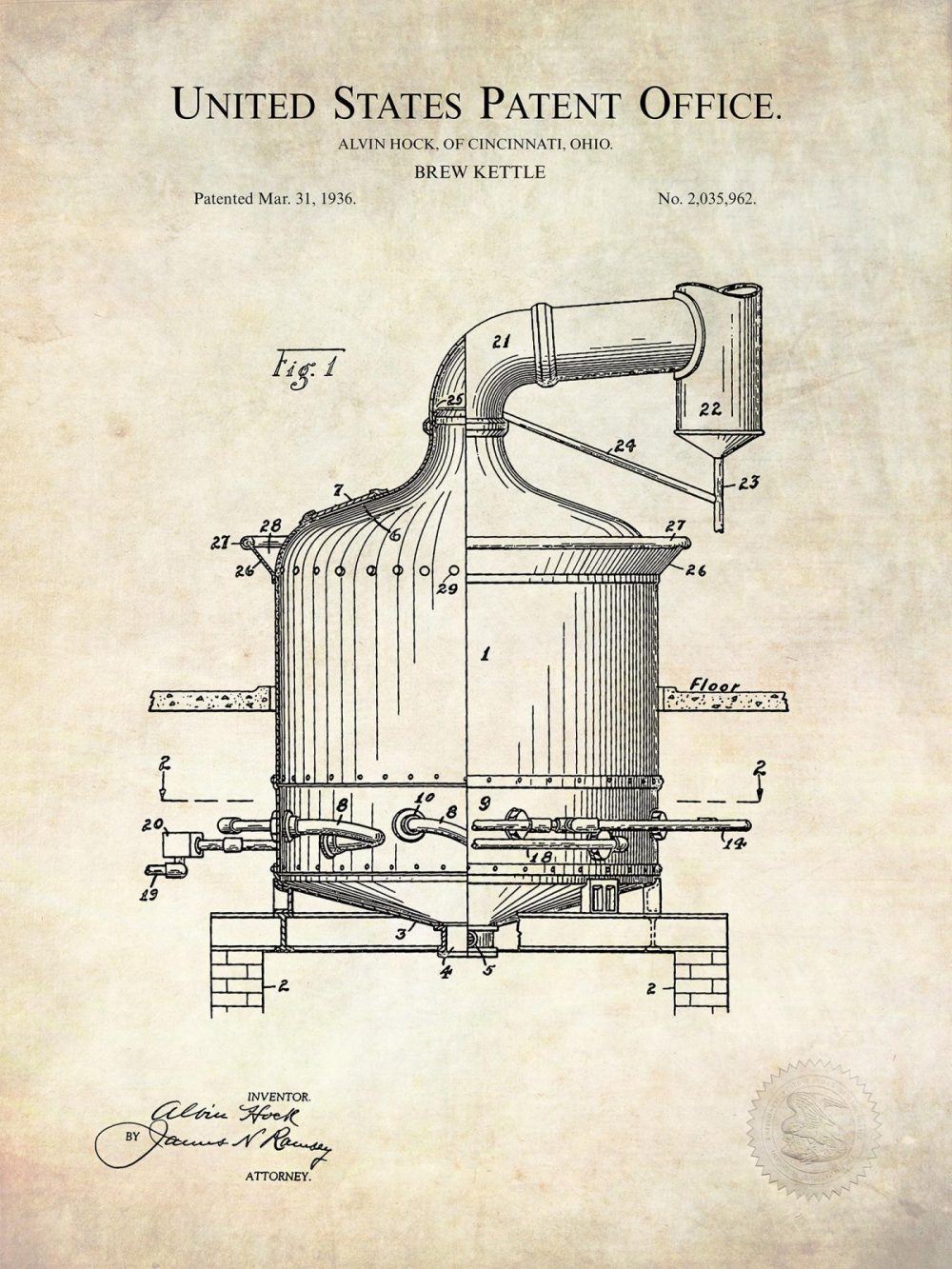 Beer / Whiskey / Wine | Antique Beer Brewing Patent Prints Beer / Whiskey / Wine Antique