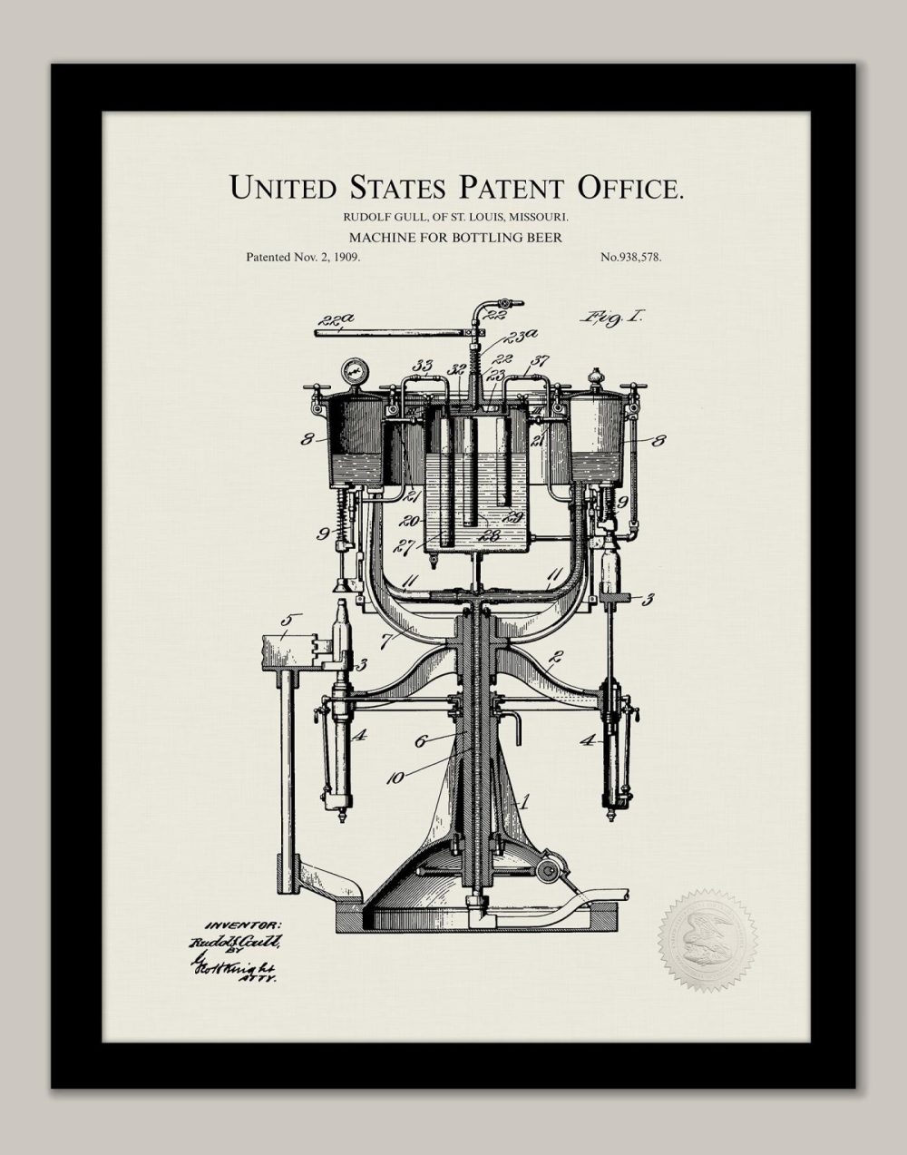 Beer / Whiskey / Wine | Beer Bottling Invention | 1909 Patent Beer / Whiskey / Wine Antique