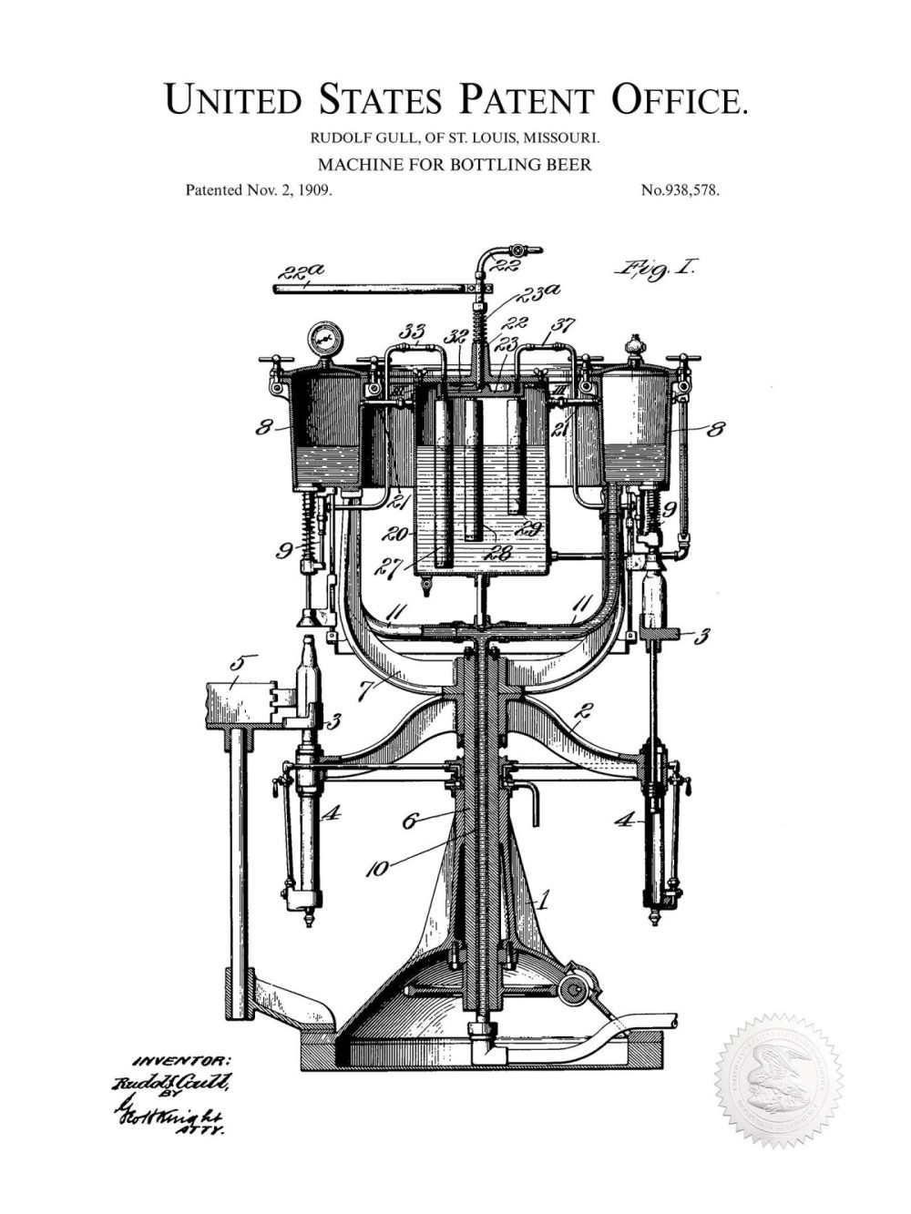 Beer / Whiskey / Wine | Beer Bottling Invention | 1909 Patent Beer / Whiskey / Wine Antique