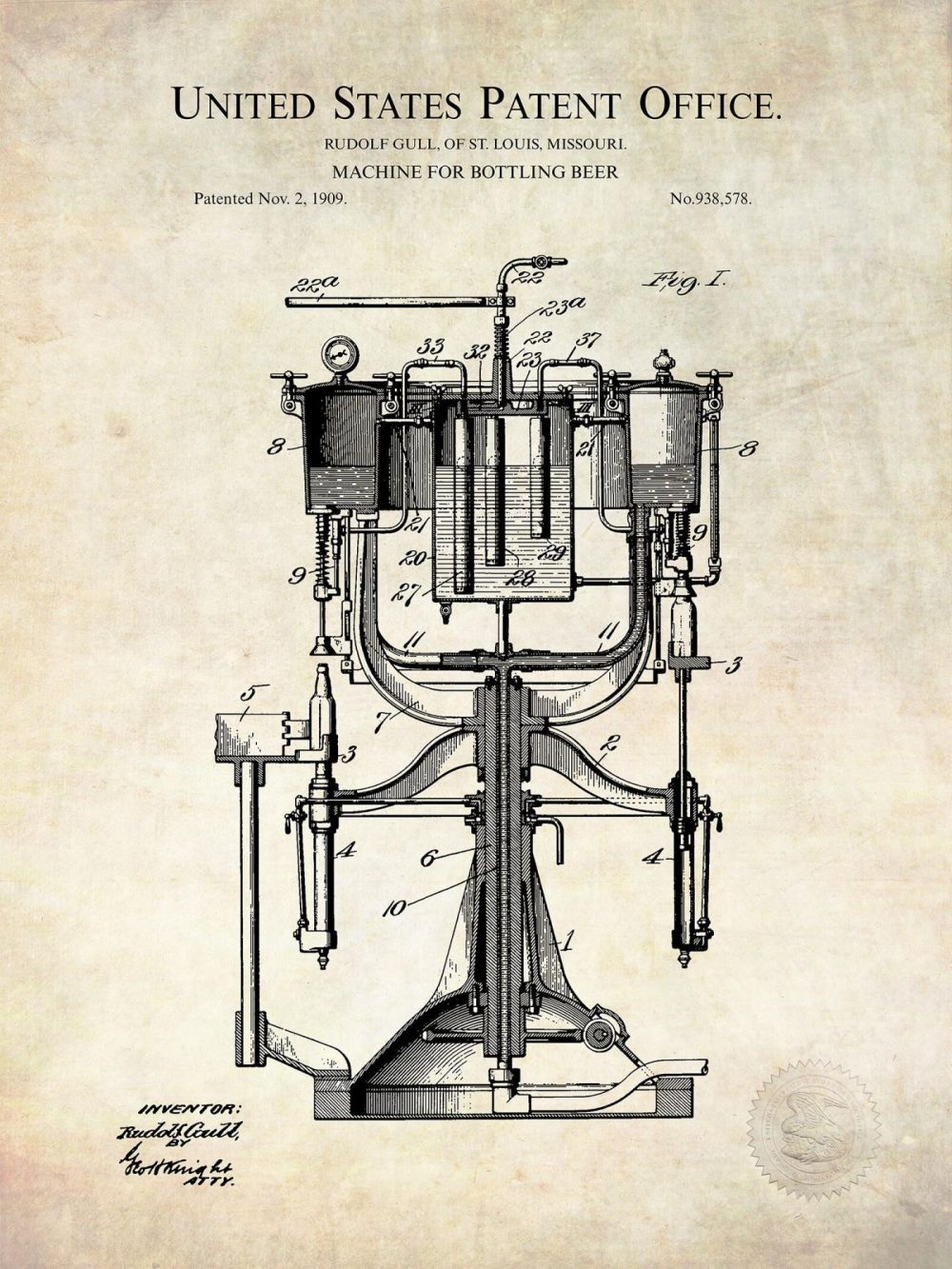 Beer / Whiskey / Wine | Beer Bottling Invention | 1909 Patent Beer / Whiskey / Wine Antique