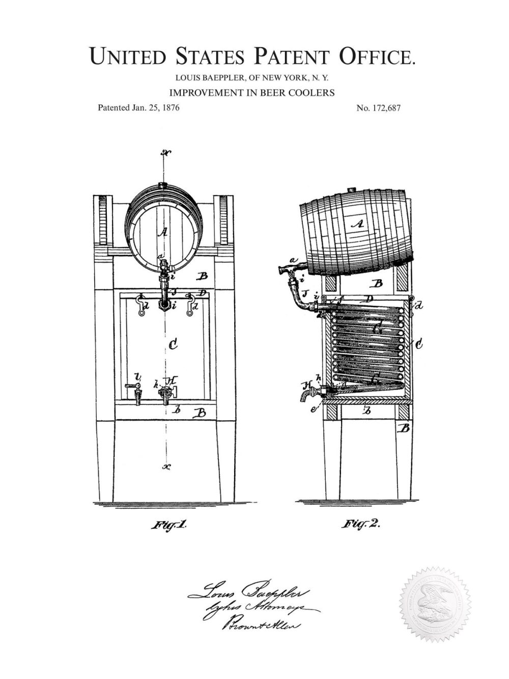 Beer / Whiskey / Wine | Beer Cooler Design | 1876 Patent Beer / Whiskey / Wine Antique