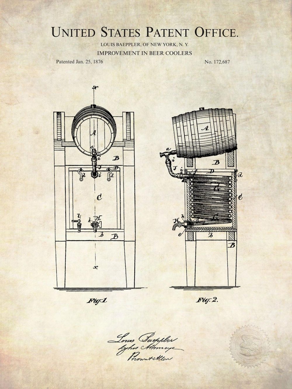 Beer / Whiskey / Wine | Beer Cooler Design | 1876 Patent Beer / Whiskey / Wine Antique