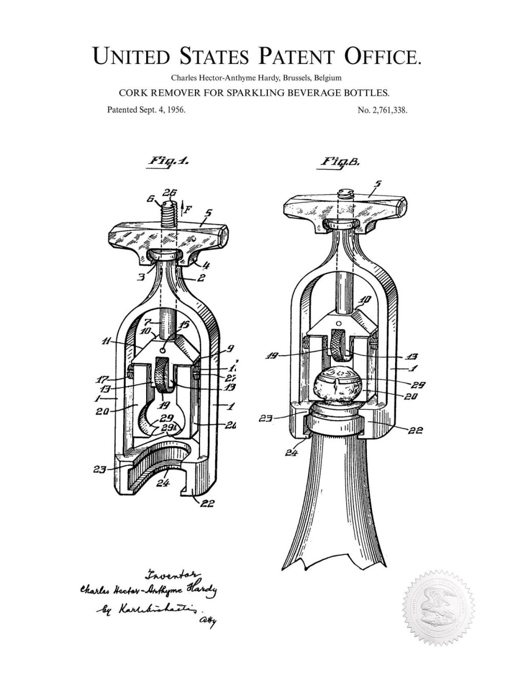 Beer / Whiskey / Wine | Champagne Cork Remover | 1956 Patent Beer / Whiskey / Wine Antique