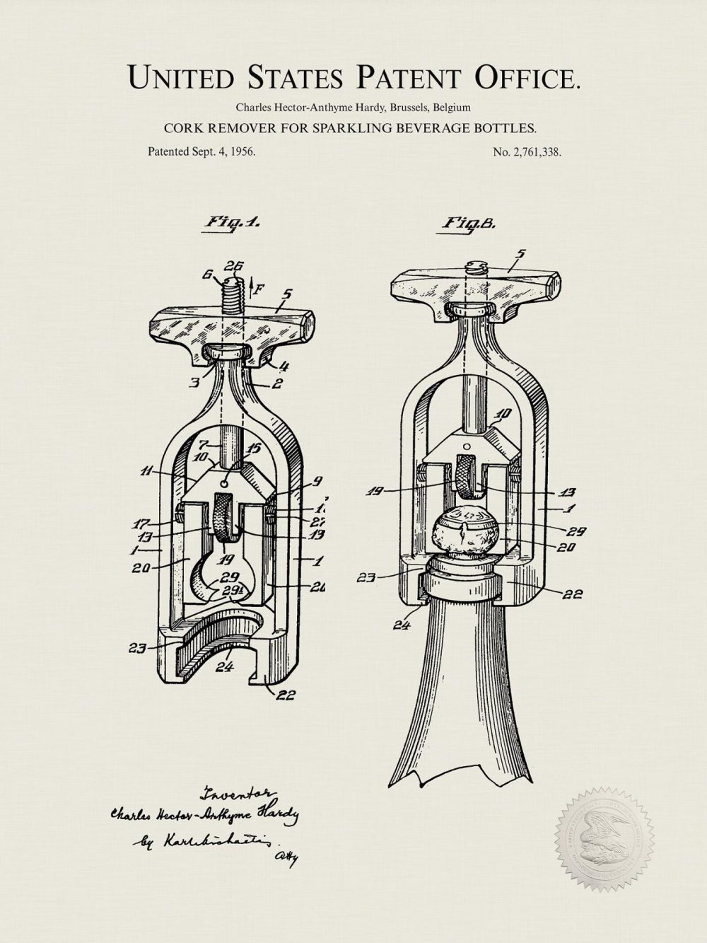 Beer / Whiskey / Wine | Champagne Cork Remover | 1956 Patent Beer / Whiskey / Wine Antique