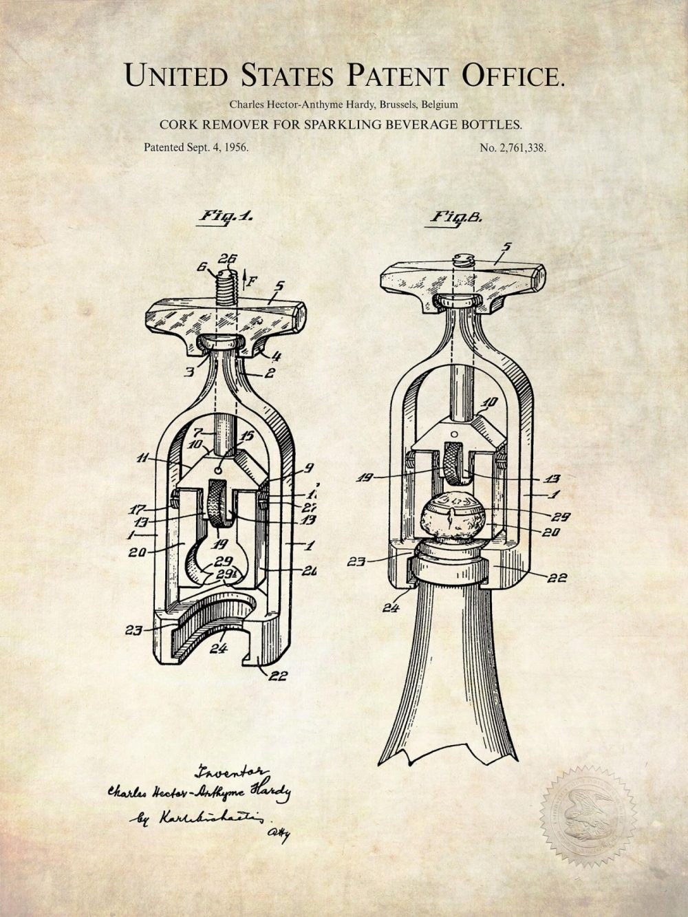 Beer / Whiskey / Wine | Champagne Cork Remover | 1956 Patent Beer / Whiskey / Wine Antique