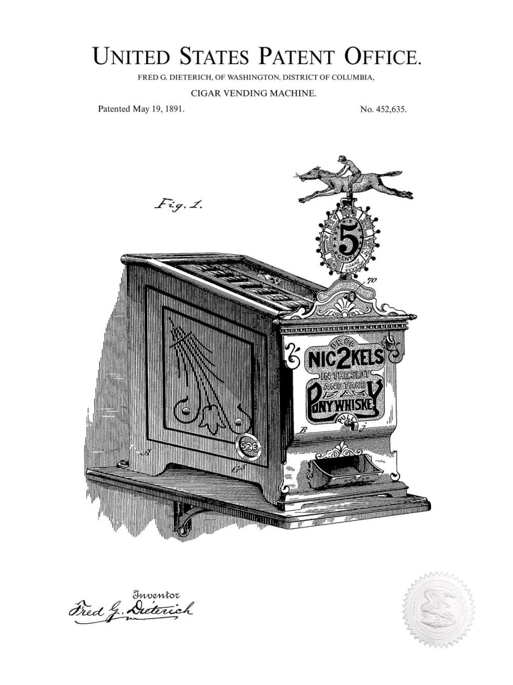 Beer / Whiskey / Wine | Cigar Vending Machine | 1887 Patent Beer / Whiskey / Wine Antique