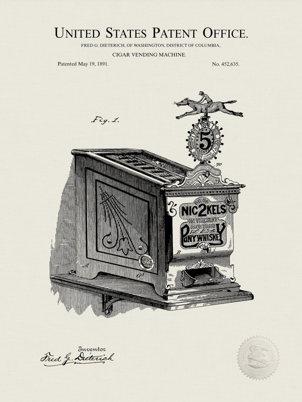 Beer / Whiskey / Wine | Cigar Vending Machine | 1887 Patent Beer / Whiskey / Wine Antique