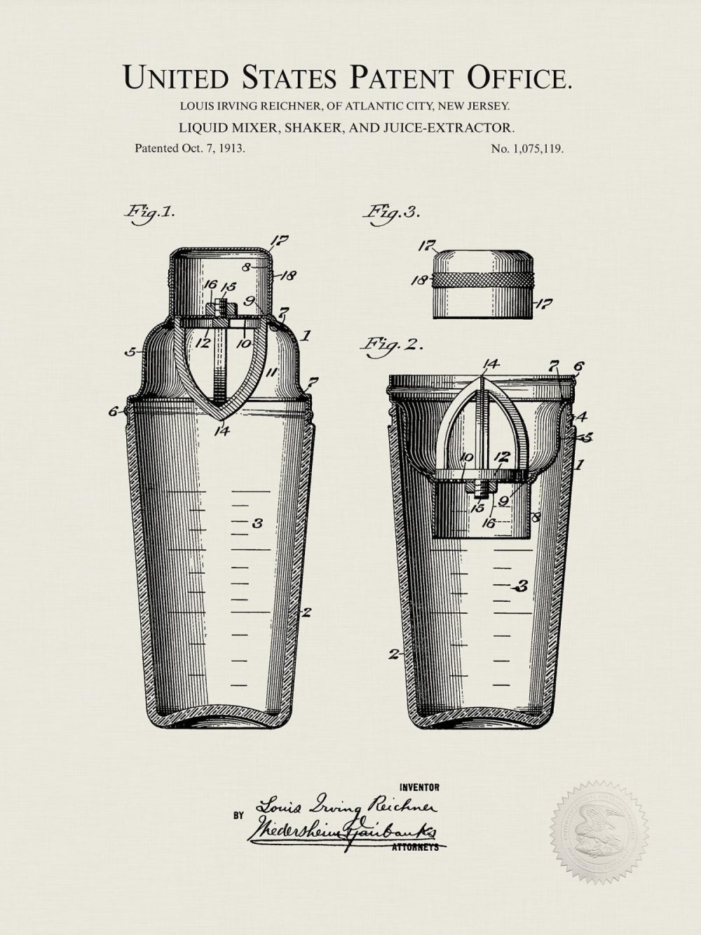 Beer / Whiskey / Wine | Cocktail Shaker | 1913 Patent Beer / Whiskey / Wine Antique