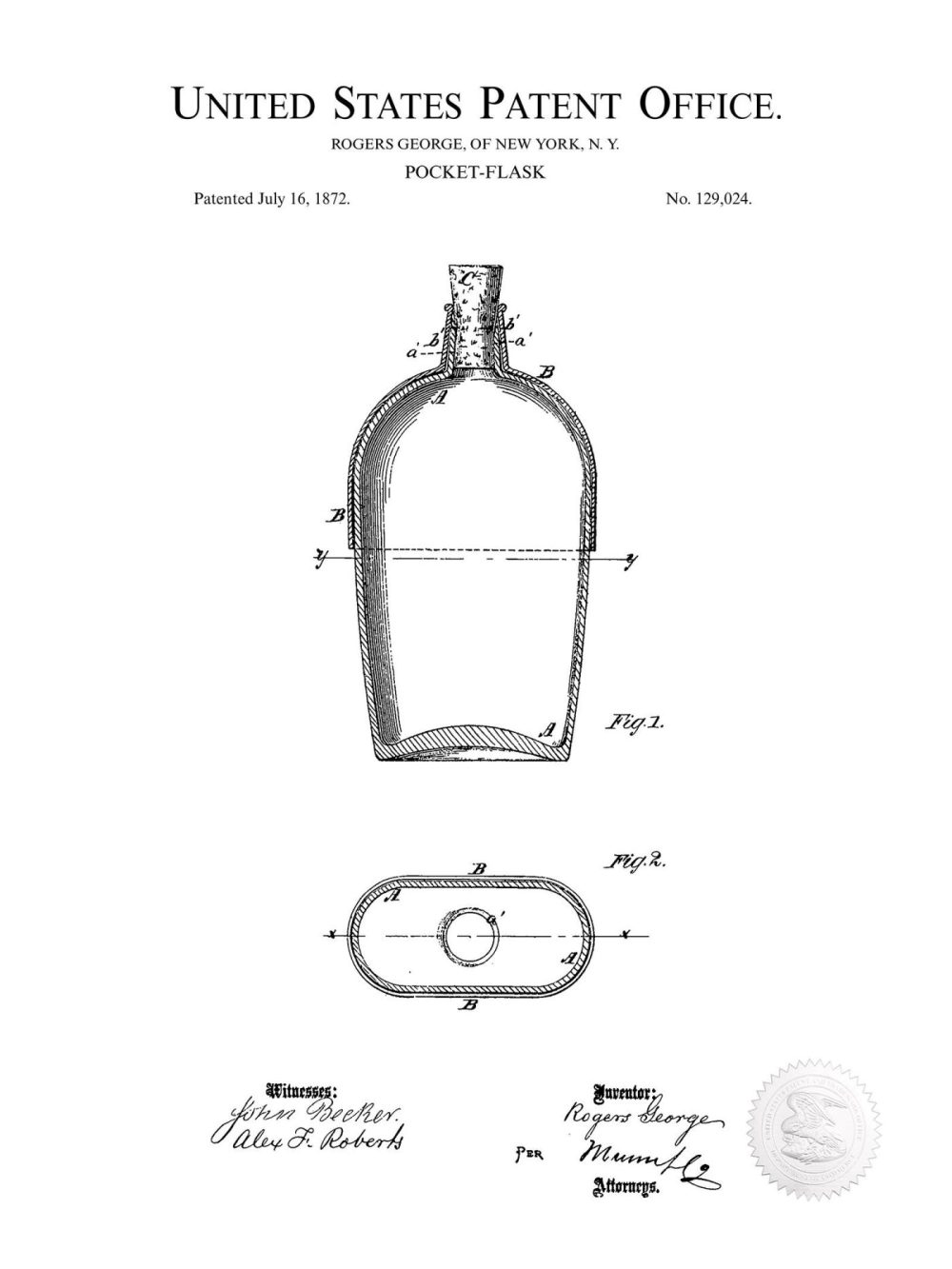 Beer / Whiskey / Wine | Pocket Flask | 1872 Whiskey Patent Beer / Whiskey / Wine Antique