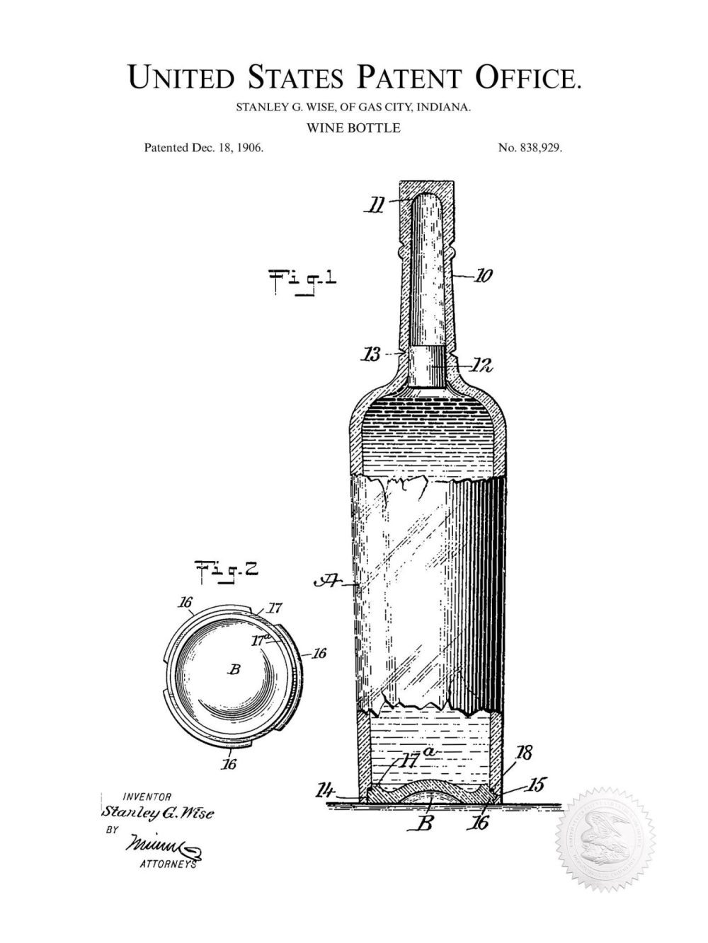 Beer / Whiskey / Wine | Wine Bottle Design | 1906 Patent Beer / Whiskey / Wine Antique