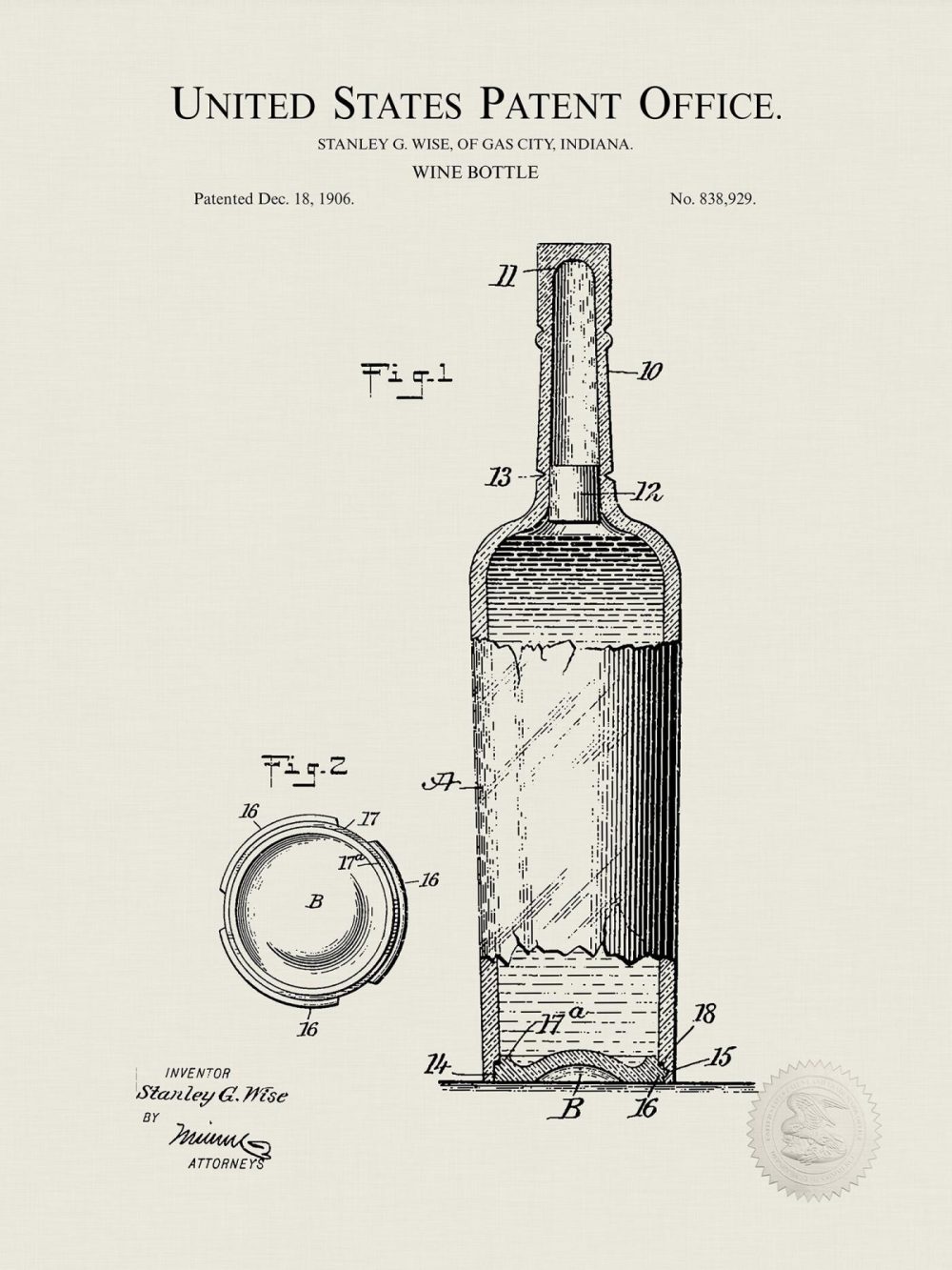 Beer / Whiskey / Wine | Wine Bottle Design | 1906 Patent Beer / Whiskey / Wine Antique