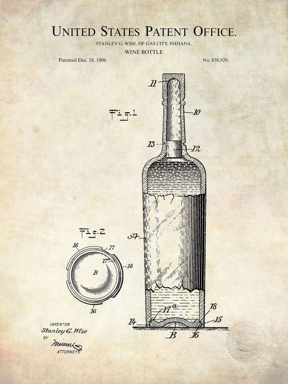 Beer / Whiskey / Wine | Wine Bottle Design | 1906 Patent Beer / Whiskey / Wine Antique