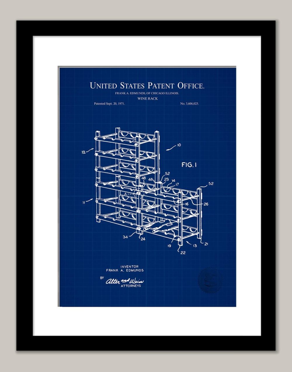 Beer / Whiskey / Wine | Wine Rack Design | 1971 Patent Print Beer / Whiskey / Wine Antique