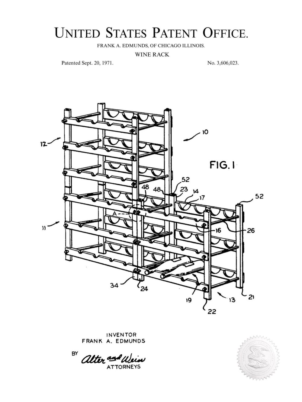 Beer / Whiskey / Wine | Wine Rack Design | 1971 Patent Print Beer / Whiskey / Wine Antique