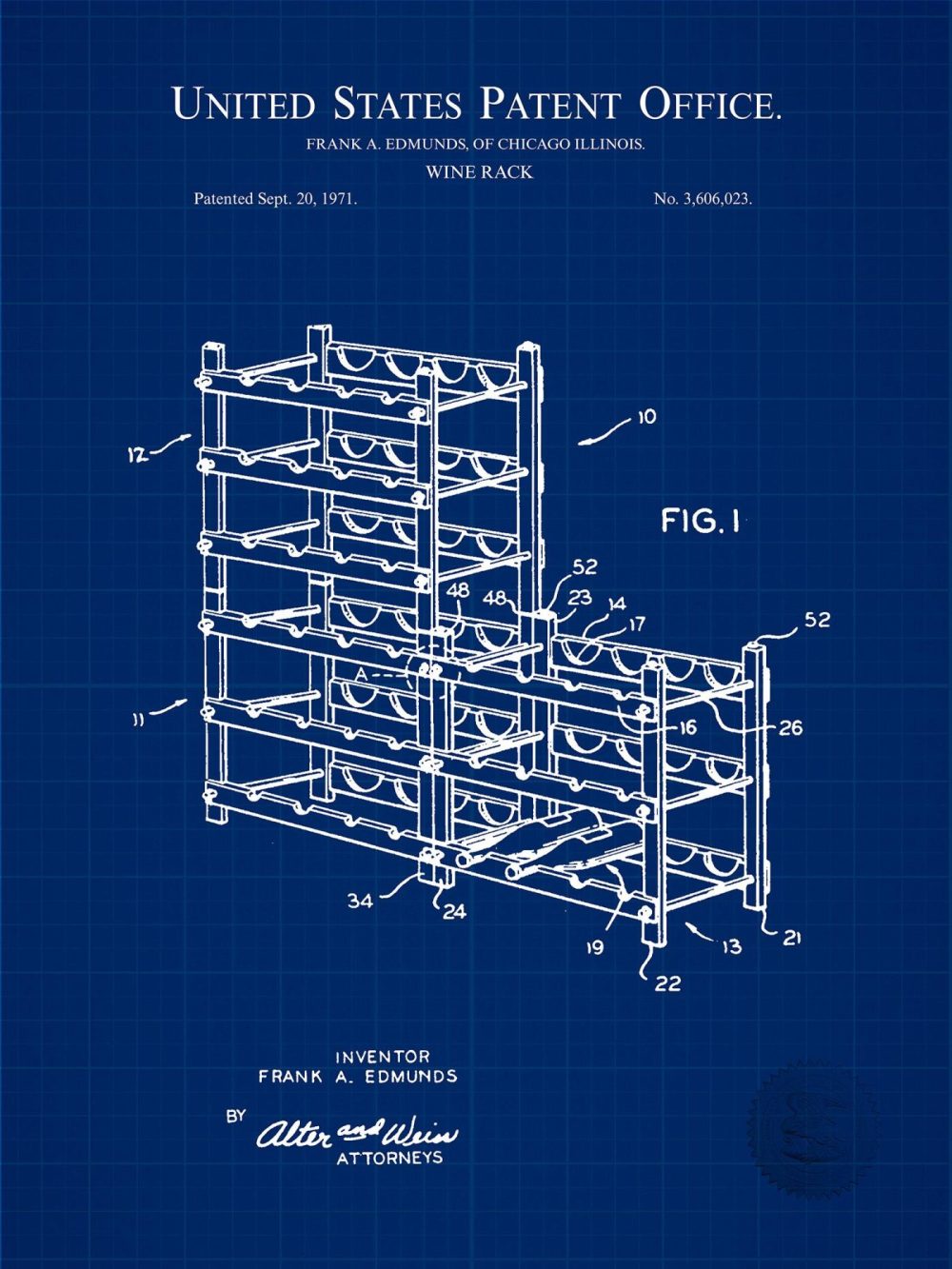 Beer / Whiskey / Wine | Wine Rack Design | 1971 Patent Print Beer / Whiskey / Wine Antique