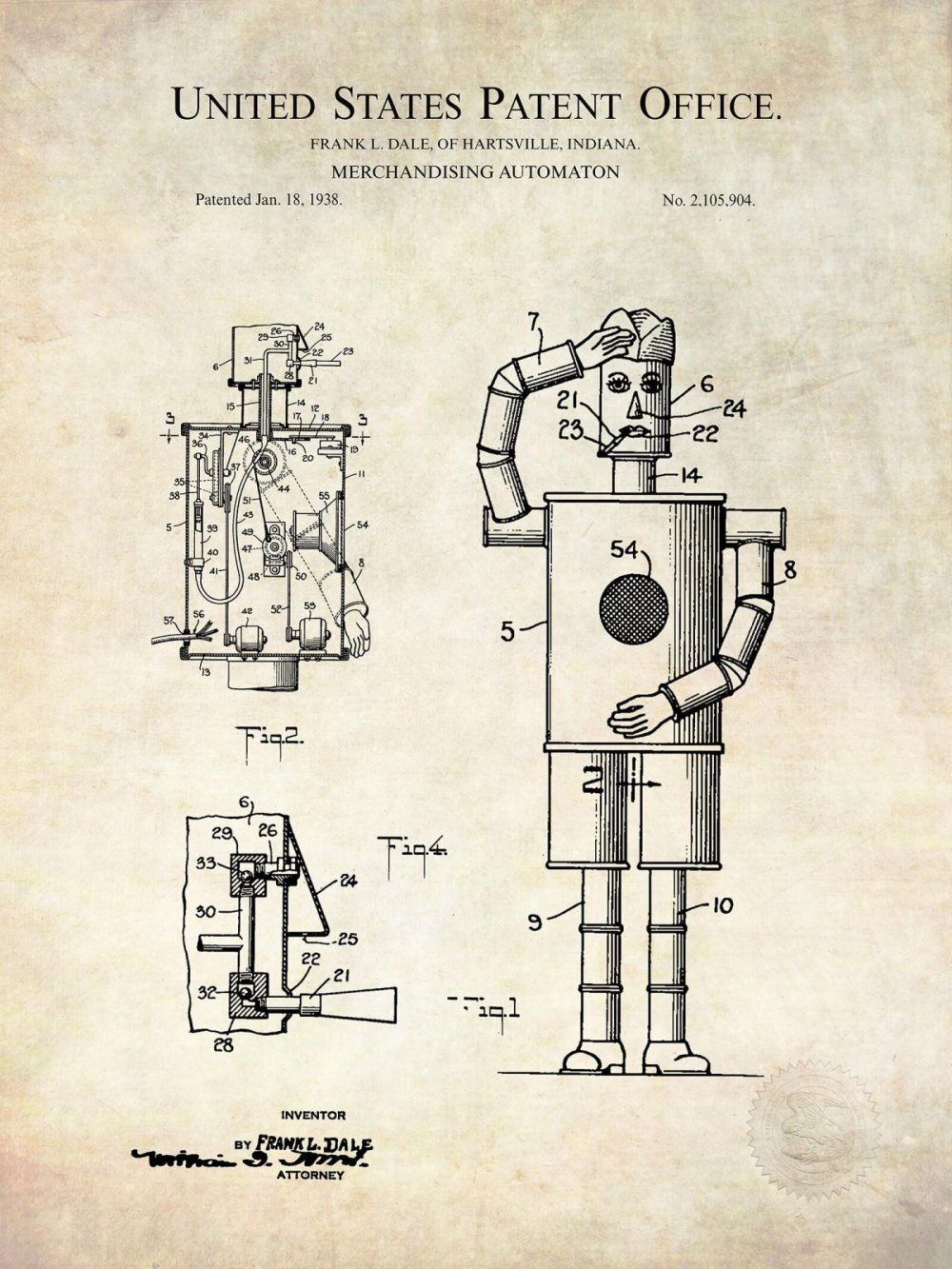 Carnival / Steampunk / Occult | Smoking Robot Invention | 1938 Patent Carnival / Steampunk / Occult Antique