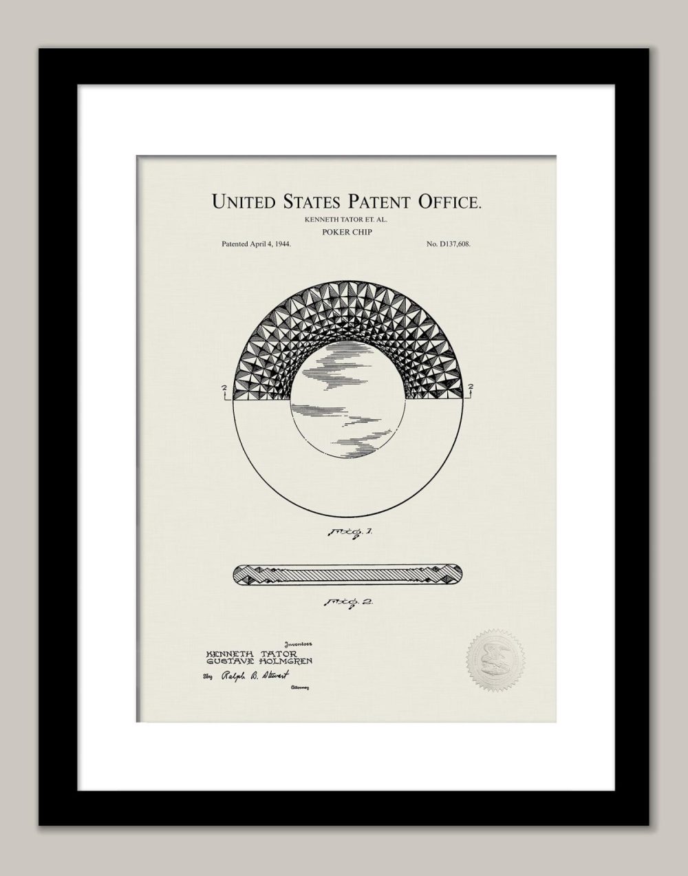 Man Cave / Poker / Cigar | 1944 Poker Chip Design Patent Beer / Whiskey / Wine Antique