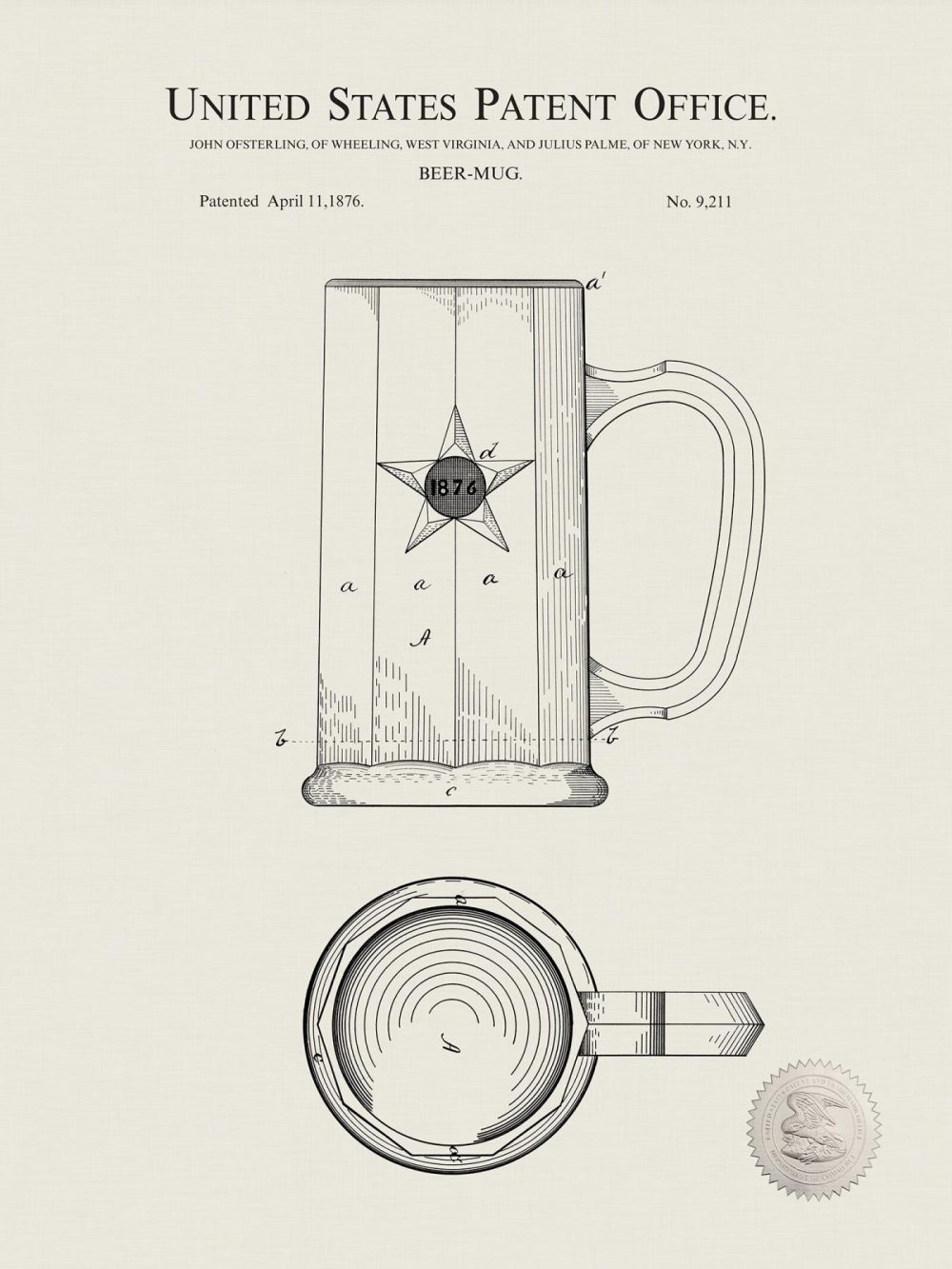 Man Cave / Poker / Cigar | Beer Mug | 1876 Patent Print Beer / Whiskey / Wine Antique