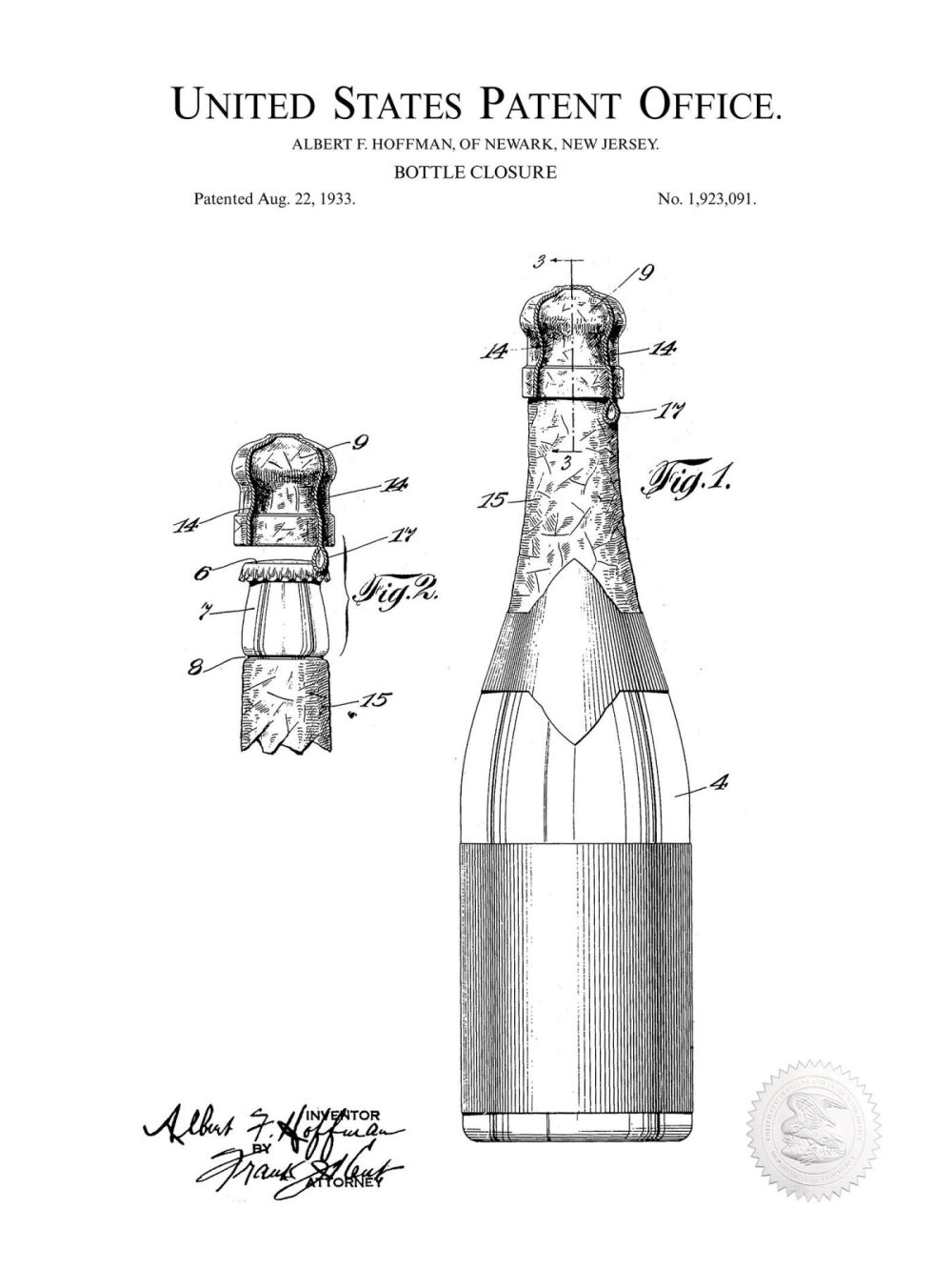 Man Cave / Poker / Cigar | Champagne Bottle Design | 1933 Patent Beer / Whiskey / Wine Antique