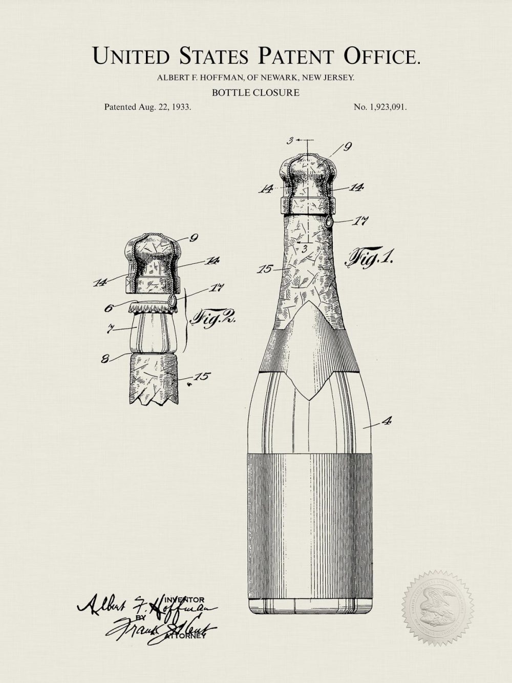 Man Cave / Poker / Cigar | Champagne Bottle Design | 1933 Patent Beer / Whiskey / Wine Antique