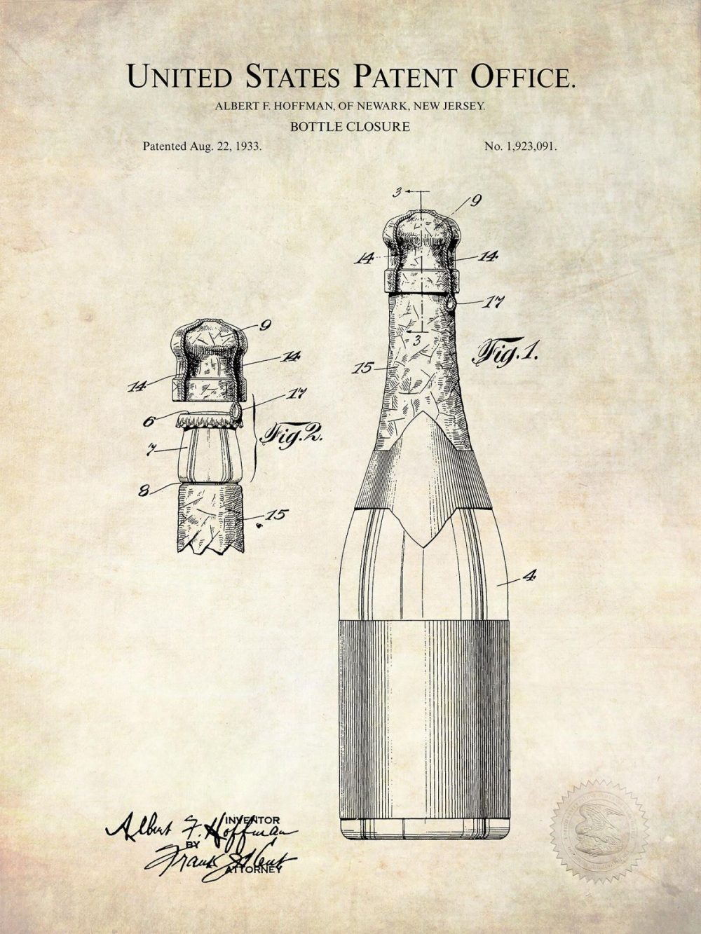 Man Cave / Poker / Cigar | Champagne Bottle Design | 1933 Patent Beer / Whiskey / Wine Antique