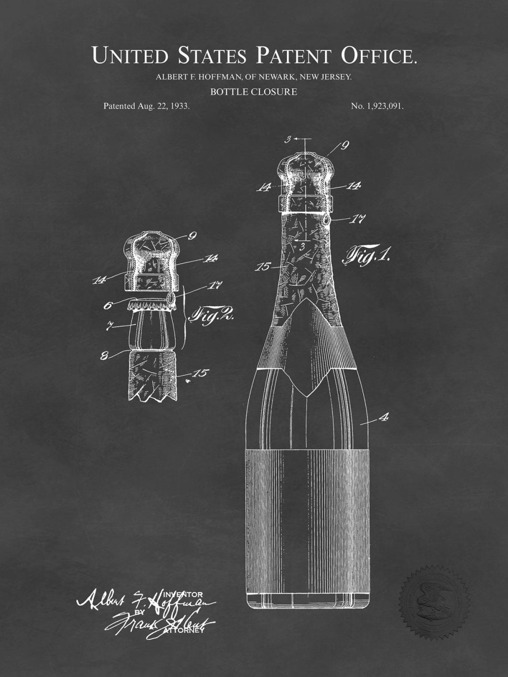 Man Cave / Poker / Cigar | Champagne Bottle Design | 1933 Patent Beer / Whiskey / Wine Antique