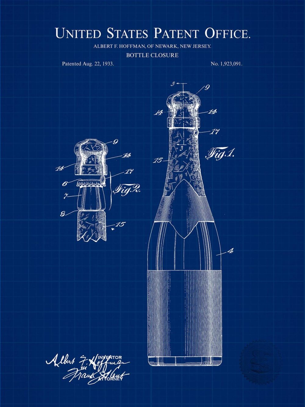 Man Cave / Poker / Cigar | Champagne Bottle Design | 1933 Patent Beer / Whiskey / Wine Antique