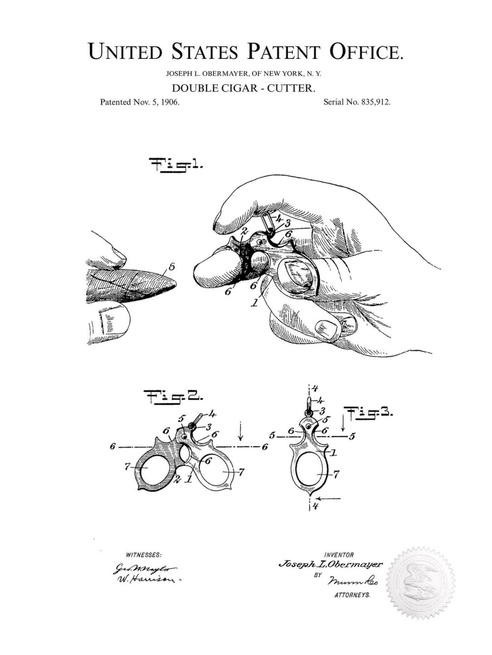 Man Cave / Poker / Cigar | Cigar Cutter Design | 1906 Patent Beer / Whiskey / Wine Antique