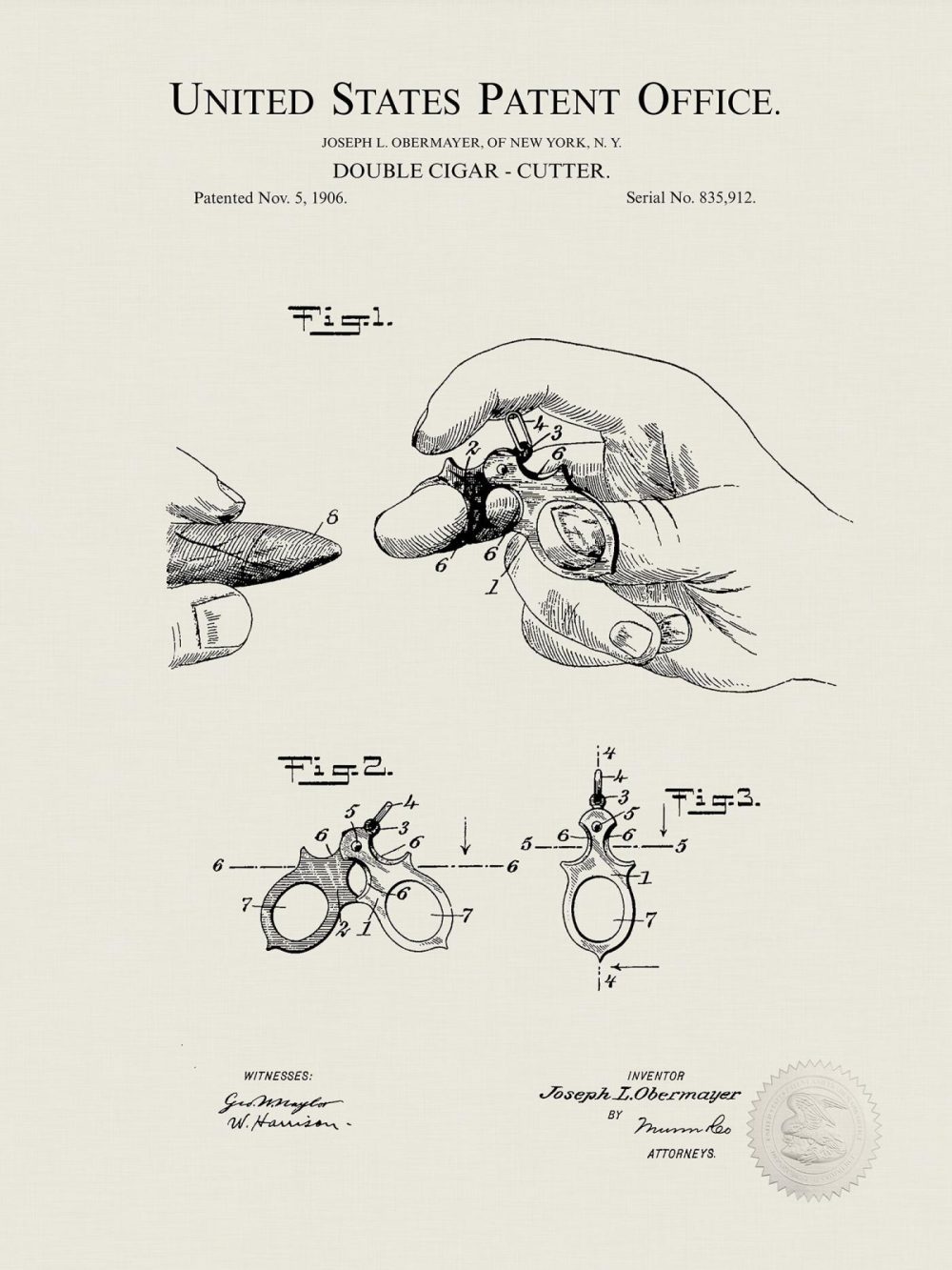 Man Cave / Poker / Cigar | Cigar Cutter Design | 1906 Patent Beer / Whiskey / Wine Antique