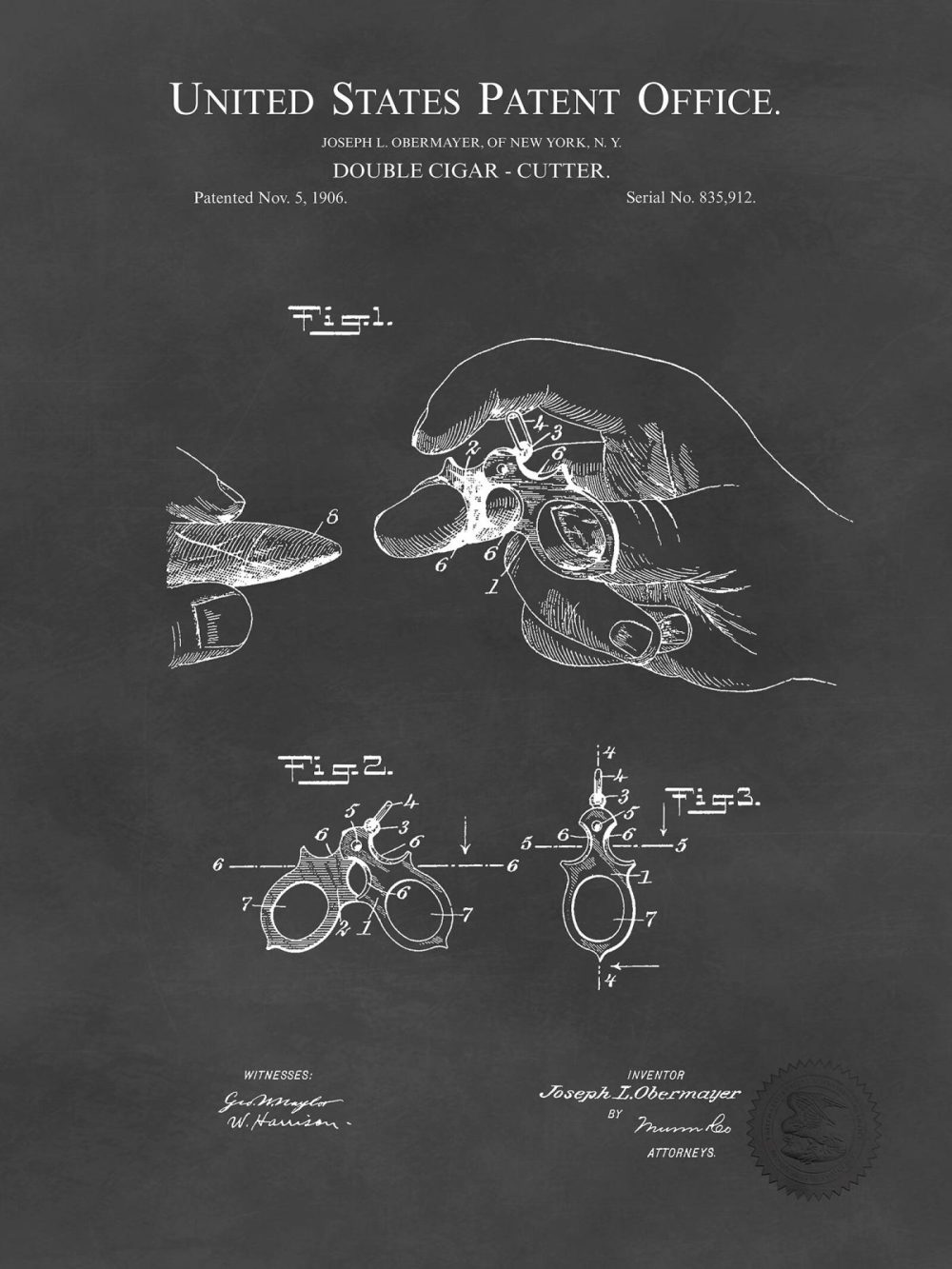 Man Cave / Poker / Cigar | Cigar Cutter Design | 1906 Patent Beer / Whiskey / Wine Antique