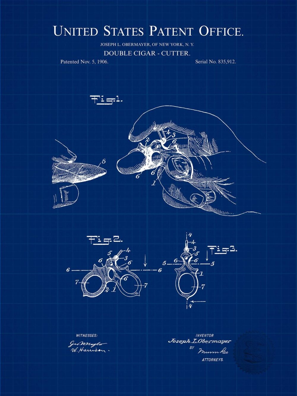 Man Cave / Poker / Cigar | Cigar Cutter Design | 1906 Patent Beer / Whiskey / Wine Antique