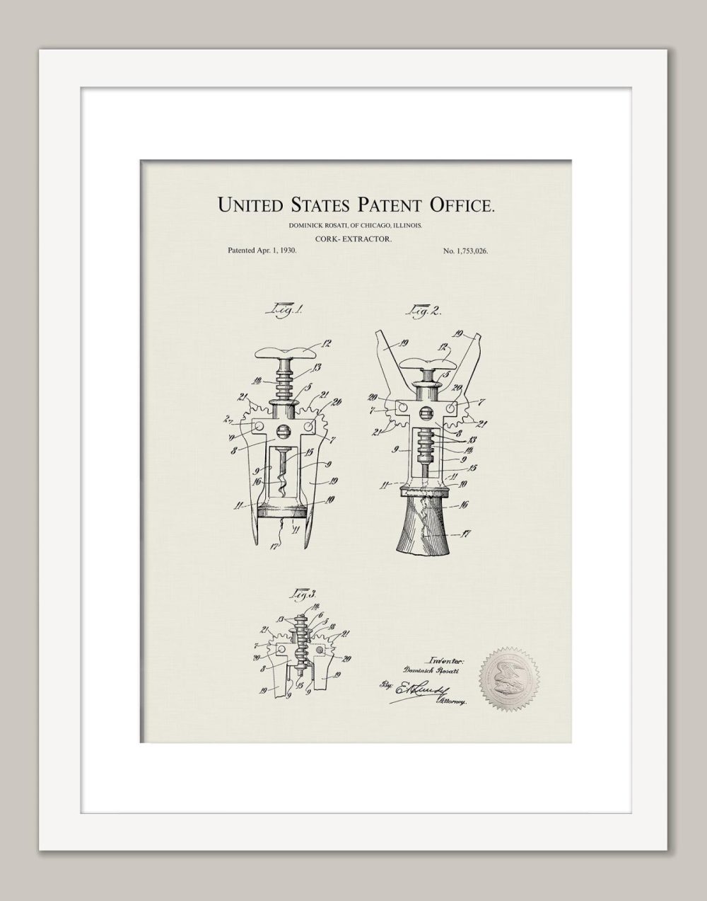 Man Cave / Poker / Cigar | Cork Remover | 1928 Wine Patent Beer / Whiskey / Wine Antique