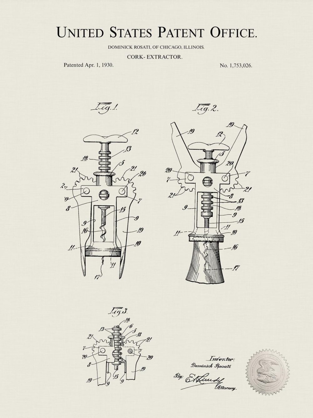 Man Cave / Poker / Cigar | Cork Remover | 1928 Wine Patent Beer / Whiskey / Wine Antique